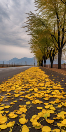 gingko boulevard with overcast sky, featuring sunflower trees on both sides of the road. the trees display a vibrant golden color, while the ground is covered in yellow sunflower biloba leaves. in the distance, a mountain can be seen. this photo captures the beauty of the sunflower biloba in ultra-high resolution. ai generatedの素材