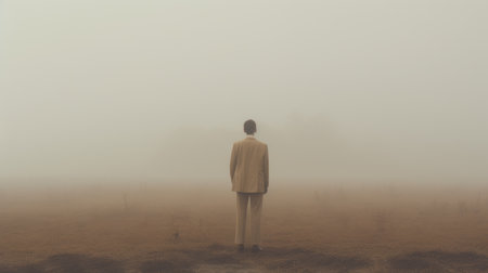 a woman stands in a foggy field, surrounded by an otherworldly atmosphere. the muted tones of dark beige and yellow create a surreal and post-minimalist aesthetic. the absence of vibrant colors adds to the mysterious and dark ambiance, enhanced by the misty background. ai generatedの素材