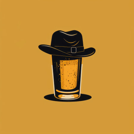 a beer glass sits in the shadow of a cowboy hat, showcasing a pop art-inspired illustration. the artwork features a combination of light amber and black colors, reminiscent of necronomicon illustrations. the design is influenced by troubadour style and graphic design, incorporating simplified line work reminiscent of the renowned artist, will eisner. ai generatedの素材