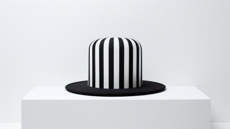 black and white striped hat placed on a plinth, showcasing a rendered style reminiscent of cinema4d. the hat stands against a clean white background, drawing inspiration from artists such as fernando botero, liam gillick, and hieronymus bosch. with its rounded shape and optical illusionist elements, this image captures a unique blend of contemporary and classical influences. ai generatedの素材