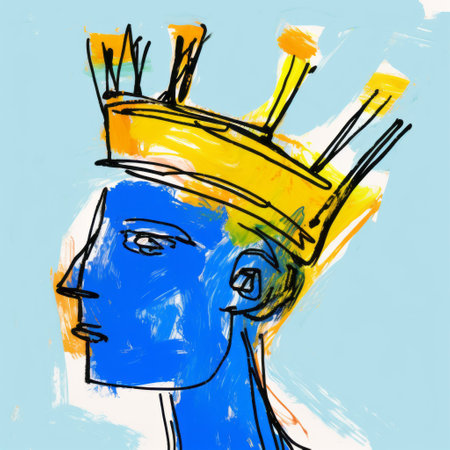 a digital drawing of mark, wearing a crown and looking over their shoulder, inspired by cecil beaton. the drawing, created on a wacom tablet, features expressive lines in the style of matisse. it is drawn with a fine-tip pen in white and yellow, giving it a vibrant and dynamic appearance. the image has a resolution of 32k and is in uhd quality. ai generatedの素材