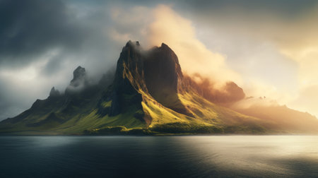 a stunning sunrise over a picturesque island, captured in ultra high resolution. the mountains are adorned with clouds, creating a mesmerizing scene. rays of sunlight pierce through the morning mist, adding a touch of enchantment to the atmosphere. this breathtaking image was taken with a wide angle lens on a hasselblad camera, ensuring every detail is beautifully preserved. ai generatedの素材