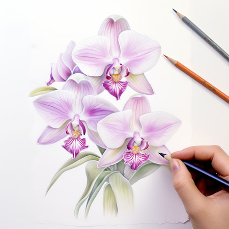 pink orchids are beautifully depicted in this hyper-detailed drawing by tatiana hordiienko. created using purple acrylic coloring pencils, the realistic style and attention to detail bring the flowers to life. set against a white background, the painted illustrations showcase the artist's skill, while the light yellow and violet hues add a touch of elegance. magali villeneuve's influence can be seen in the meticulous rendering. aiの素材