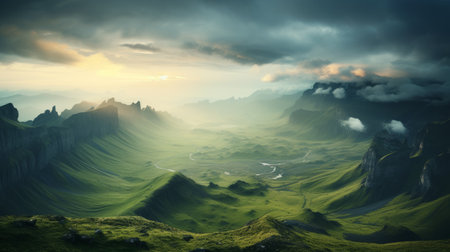a stunning sunrise over a picturesque plain, captured in ultra high resolution. majestic mountains adorned with clouds, and ethereal godrays piercing through the morning mist, create a truly magical and epic atmosphere. this breathtaking image was taken with a wide angle lens on a hasselblad camera, ensuring every detail is beautifully preserved. ai generatedの素材