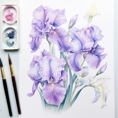 a watercolor painting of an iris flower, showcasing the beauty of watercolours. this highly detailed illustration captures the delicate and intricate nature of the flower, with its light purple and white hues. the realistic detailing and multidimensional shading create a stunning and nature-inspired piece of art, perfect for lovers of intricate flower and garden paintings. ai generatedの素材