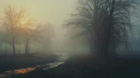 foggy forest with mist-covered trees, featuring a captivating blend of light green and dark amber hues. this gothic-inspired image showcases a moody atmosphere with contrasting lights and darks. captured with a high-resolution uhd quality, the photo highlights the soft tonal transitions and romantic riverscapes. shot using the carl zeiss distagon t 15mm f/2.8 ze lens. ai generatedの素材