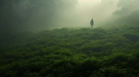 a person stands in the jungle, surrounded by a dark green and green ethereal landscape. this serene pastoral scene, captured in an ethereal minimalistic style, is a uhd image found on flickr. it exudes a sense of tranquility and is reminiscent of an associated press photo. ai generatedの素材
