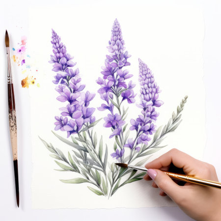 watercolor lavenders drawing: a hand delicately holds watercolor flowers in soft light. the image showcases a heavy use of palette knives, with a white background enhancing the realistic usage of light and color. the high-contrast shading, chinese brushwork, and highly detailed foliage create a captivating composition with a high tonal range. ai generatedの素材