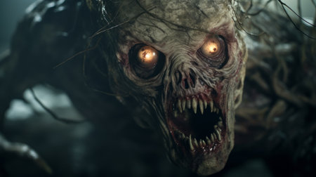 creature with eye and open mouth in a scary scene, featuring natural color grading with gritty, desaturated tones. the wide perspective shot, enhanced by studio lighting, creates a sense of mystery and the unknown. this cinematic visual style, reminiscent of a horror film directed by christopher nolan, adds to the eerie atmosphere. ai generatedの素材