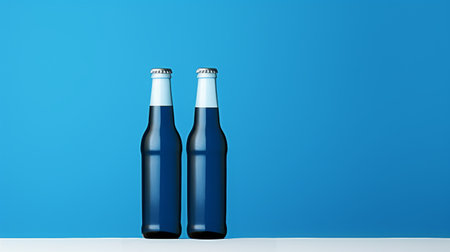 blue bottles with minimal retouching showcase a hyper-realistic pop in this classic still-life photograph. the flat backgrounds and two-dimensional composition add to the photorealistic rendering, while the tilt shift effect enhances the overall aesthetic. ai generatedの素材