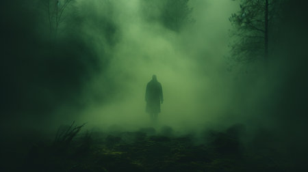 a person wearing a gray shirt stands on a green field engulfed in fog, reminiscent of a scene from a horror film. the atmosphere is eerie, evoking the presence of otherworldly beings. the image captures the essence of found footage and the dramatic, somber religious works. the color palette of dark green and green adds to the mysterious ambiance, reminiscent of the style of mattiの素材