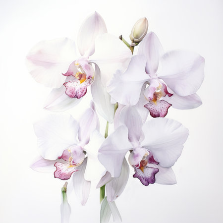 a photo of six white orchids arranged in a white flower arrangement, captured in the style of ultraviolet photography. the flowers exhibit delicate markings in light pink and light gray hues. the image is in 8k resolution, showcasing symmetrical asymmetry. this wildlife photography is set against a white background. ai generatedの素材