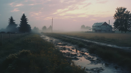 a dusty ground stretches out in front of a rural road, capturing the essence of hazy romanticism in rural america. the light magenta and yellow hues add to the atmospheric and moody lighting, creating a picturesque riverscape. this captivating image, taken with a fujifilm x-t4, beautifully depicts the charm and simplicity of rural life. ai generatedの素材