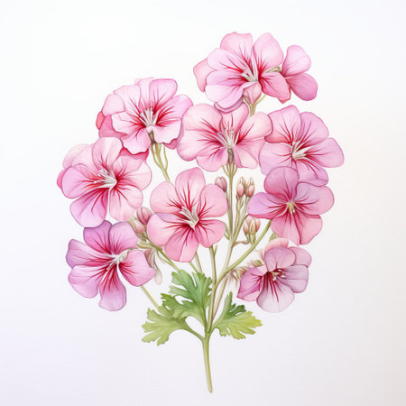pink geraniums, delicately portrayed in a highly detailed illustration style, stand out against a pristine white background. the emotive watercolors capture the naturalistic light and shadow, creating a visually stunning composition. inspired by mingei, the hand-coloring technique adds vibrant hues to the already colorful arrangement. ai generatedの素材