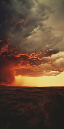 a captivating sky adorned with vibrant red and orange clouds, sprinkled with stars, reminiscent of the artistic styles of roger deakins, storm thorgerson, and fay godwin. this breathtaking photograph beautifully encapsulates the essence of nature, resembling a stunning national geographic image. shot on kodak ektachrome film, the image exudes a sense of depth and richness, evoking a mesmerizing and immersive experience. ai generatedの素材