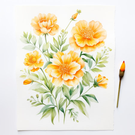 the painting depicts a watercolor of peonies, created using sketching tools. it showcases a nature-inspired composition with a high tonal range, featuring light orange and yellow hues. the artwork showcases radiant clusters of peonies, with heavy shading in dark yellow and light emerald tones. ai generatedの素材