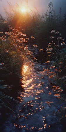 sunset over a river, captured in the style of kodak portra, showcases a mesmerizing blend of vibrant colors. the image features a beautiful flower and trees, with highly detailed foliage adding depth to the scene. ephemeral installations add a touch of fleeting beauty, while the luminosity of the water and the orange hues create a captivating atmosphere. this photograph captures the essence of nature's beautyの素材