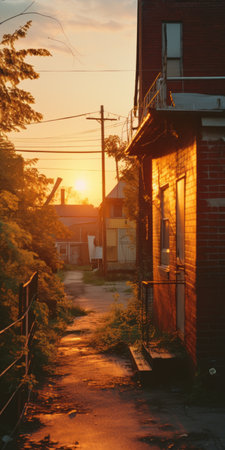 a wooden fence stands at the end of the street, bathed in the captivating golden light. this industrial photography captures the essence of thomas cole's style and the atmospheric cityscapes of the sovietwave movement. the combination of light amber and crimson hues adds a touch of manapunk aesthetic to the scene. ai generatedの素材