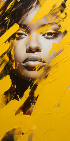 rihanna, in 2006, appears elated as she stands next to a vibrant yellow baby covered in black, yellow, and white paint. this hyperrealistic composition showcases a close-up view, with a diverse color palette of dark yellow and light bronze. the conceptual art piece incorporates a paint dripping technique, reminiscent of zbrush creations. ai generatedの素材