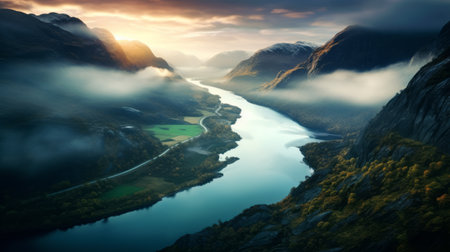 a stunning photograph capturing a norwegian valley with a river flowing through the sky above the mountains. the image showcases the beauty of nature with its light teal and dark gold tones, creating a soft and atmospheric perspective. this contest-winning photo has a majestic composition, reminiscent of romantic depictions of historical events. a truly captivating shot worthy of national geographic. ai generatedの素材