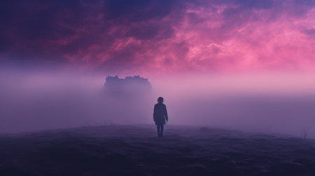 a girl stands on the edge of the fog, next to a rock, in a post-apocalyptic landscape. the style of the photo is characterized by dark purple and light crimson tones, with minimalist backgrounds and richly colored skies. the visuals have a dreamlike quality, with a combination of light magenta and sky-blue hues. the image captures a sense of mystery and intrigue. ai generatedの素材