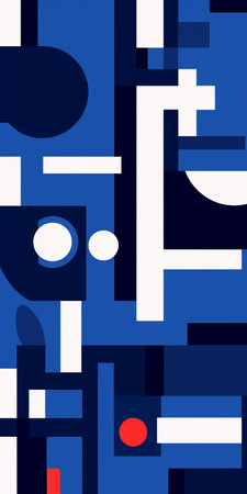 a modern abstract pattern featuring white circles, red circles, and blue shapes. this monochrome geometric design draws inspiration from the styles of de stijl and figurative minimalism. the dark azure and navy hues create a visually striking composition. the artwork showcases abstracted grotesqueries and cityscape abstractions, skillfully executed by a minimalist illustrator. ai generatedの素材