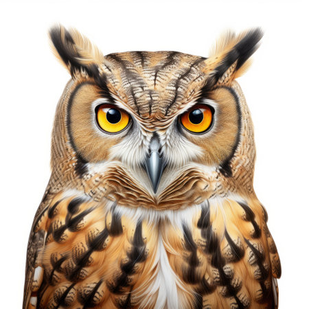 a young wild owl is depicted in this realistic and hyper-detailed portrait illustration. created in the style of wlop, the owl showcases dark amber and beige tones against a white background. this uhd image highlights the photo-realistic techniques used to bring out the intricate details of the owl's character. ai generatedの素材