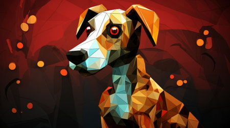 a dog captured in an abstract position, showcasing cubist multifaceted angles. the detailed background elements complement the light red and dark amber tones. this image features realistic animal portraits with a touch of draftpunk aesthetic. the depth of field adds to the accurate and detailed portrayal of the subject. ai generatedの素材