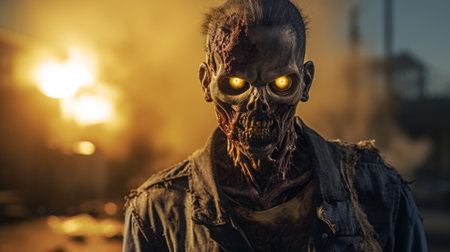 a zombie in a suit with glowing eyes walks in the dark, showcasing a photorealistic urban scene with a bronze and amber color palette. the close-up shot highlights the softbox lighting and photo-realistic techniques used to create this cryptidcore-inspired image. this captivating photo captures a sense of suburban ennui. ai generatedの素材