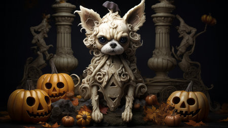 a chihuahua dog posing amidst a backdrop of pumpkins and intricately carved pumpkin designs. the scene is reminiscent of bizarre and detailed illustrations, with a touch of sculpted artistry. the photograph captures the essence of mori kei style, showcasing resin figurines and highly detailed character illustrations. shot in 32k uhd resolution, the image exudes a rococo-inspired portraituresque quality. ai generatedの素材