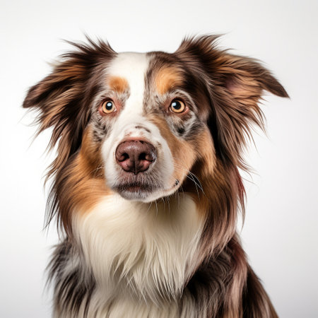 a dog with a yellow striped head stands against a white background in this hyper-detailed portrait. captured with a large format lens and the canon eos 5d mark iv, the image showcases realistic details and distinct framing. the light teal and brown tones, along with hints of light crimson and gray, add depth and visual interest to the composition. ai generatedの素材