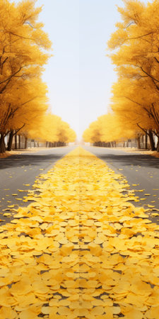 gingko boulevard: a stunning view of a cold boulevard lined with succulent trees on both sides. the golden color of the trees contrasts beautifully with the yellow succulent biloba covering the ground. in the distance, a mountain can be seen, adorned with fallen succulent biloba leaves. this real shot captures the scene in ultra-high resolution. ai generatedの素材
