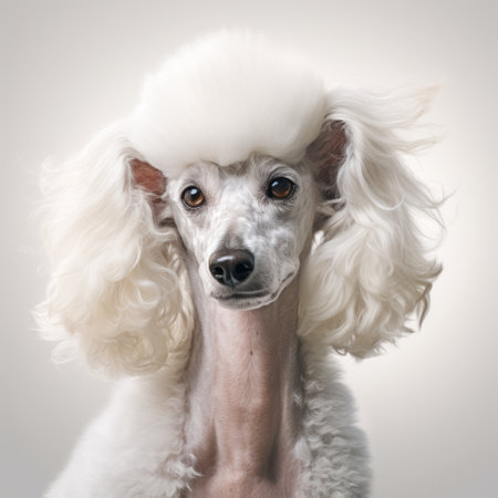 a white poodle stands confidently in front of a contemporary realist portrait photography backdrop. the colorized image showcases grotesque caricatures in light beige and gray tones, creating a bold yet graceful aesthetic. the dappled lighting adds depth to this captivating national geographic photo. ai generatedの素材