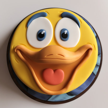 a duck cake drawing by timothy kuchar featuring expressive facial animation in the style of zbrush. the cake is adorned with light yellow and dark blue colors, showcasing lively facial expressions. the circular shapes and selective focus add a dynamic touch to the exaggerated and vibrant facial expressions. ai generatedの素材