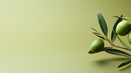 olive branches adorned with a variety of green fruits are beautifully captured against a minimalist green background. this photograph showcases the organic sculpting of the branches and fruits, with a focus on the back button. inspired by the artistic style of carl kleiner, the elongated composition highlights a single object. the image is captured in stunning 32k uhd resolution. ai generatedの素材