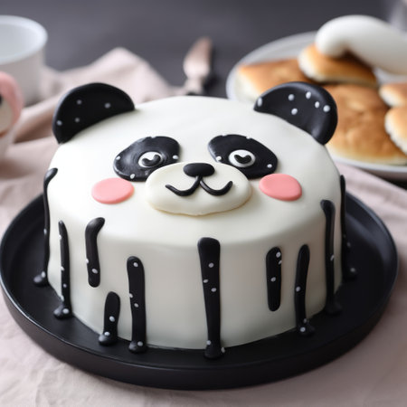 panda bear cake on a plate at the table, featuring a boldly black and white design. the cake showcases lively facial expressions and is adorned with light pink and light indigo accents. this traditional vietnamese cake is captured in low resolution and printed using liquid emulsion, resulting in smooth lines. ai generatedの素材