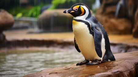 a penguin stands in a zoo, with a captivating waterfall as its backdrop. the photo is artistically edited with a light yellow and dark gray color scheme, creating a vignetting effect. the penguin's facial expression is intense, exuding strength and determination. the image is elegantly formal, showcasing the resin material with sharp attention to detail. the overall composition is enhanced with colorization techniques. ai generatedの素材