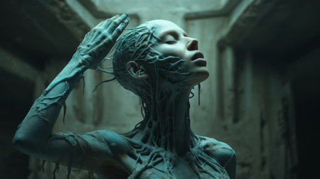 the photo features a turquoise old creature in shock, with hands on top of its head. the image is in the style of hyper-realistic sci-fi, created by alessio albi using bryce 3d software. the photo has minimal retouching, giving it a grainy and tenebrous appearance. the bold and dynamic lines add to the overall impact of the image, which is the work of andrew ferez.の素材