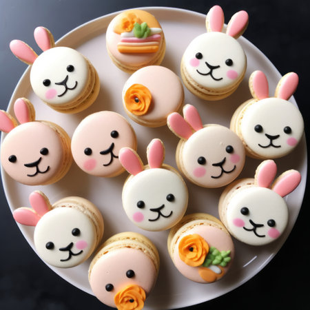 cute and playful macarons, perfect for gifting and easter celebrations, are showcased at the macaron boutique. these macarons feature expressive facial features, embodying the trendy bunnycore style. with a delightful combination of light pink and orange hues, they are arranged symmetrically. these traditional vietnamese macarons are available under the creative commons attribution license. ai generatedの素材