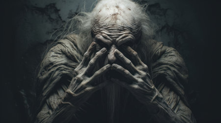 the photo features a silver old creature in shock, with hands on top of its head. the image is accompanied by white text and is created in the hyper-realistic sci-fi style. it is a composition by alessio albi, using bryce 3d software with minimal retouching. the photo has a grainy texture and showcases bold and dynamic lines, giving it a tenebrous atmosphere. andrew ferez mayの素材
