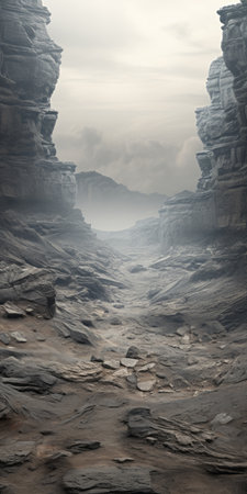 a desert landscape featuring ancient ruins and a towering rock wall in the background. this ethereal atmosphere captures the essence of layered and atmospheric landscapes, with creased, crinkled, and wrinkled textures adding depth. the ambient occlusion enhances the atmospheric shots, creating a mesmerizing passage through this birds-eye-view perspective. ai generatedの素材