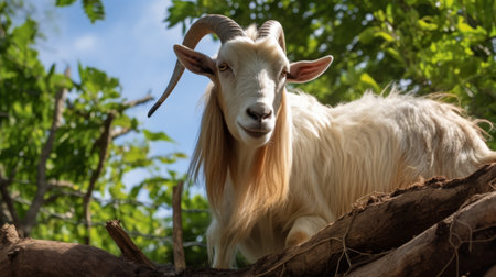 white goat sitting on a tree trunk, showcasing mythological references with distinct and exaggerated facial features. the image captures bold colorism and is shot at iso 200, reminiscent of the artistic style of caravaggism. ai generatedの素材