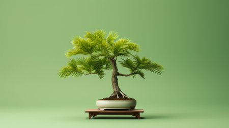 bonsai plant on a pedestal, set against a green background with a touch of white. this photo captures the essence of renowned artists like caras ionut and ruan jia, with its photo-realistic still life style. inspired by kanzan shimomura, known for his realistic still lifes, the image showcases clean and simple designs in light brown and yellow tones. ai generatedの素材