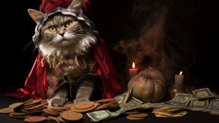 a cat, dressed in an elaborate costume, sits on the ground surrounded by a pile of money. the dark gray and red color scheme adds to the dramatic effect of the tabletop photography. the lighting creates a tenebrism effect, enhancing the xmaspunk theme. the cat's patience is evident, showcasing the mastery of the photographer. ai generatedの素材