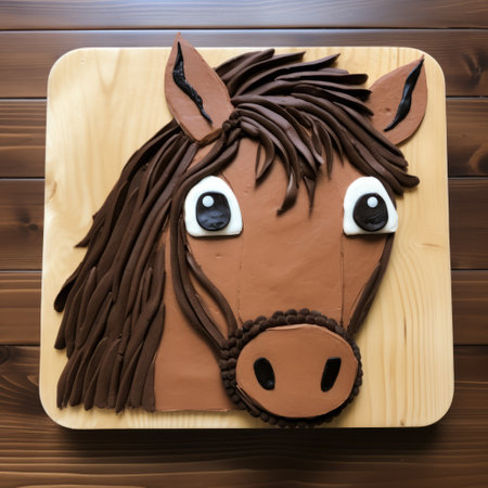 a horse cake recipe with buttercream frosting, captured in a photograph taken with a nikon d850 camera. the cake is designed in the style of expressive facial animation, made of cardboard and adorned with varying wood grains. it is placed on a rug, surrounded by tangled forms, creating a visually captivating composition. the cake's dark brown color adds depth and richness to the overall image.の素材