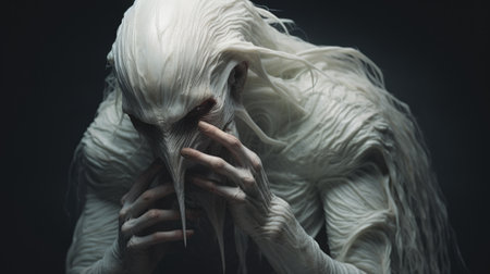 a cream-colored old creature, with hands on top of its head, is depicted in shock in this hyper-realistic sci-fi style photograph by alessio albi. the image features white text and minimal retouching, creating a grainy and tenebrous effect. the bold and dynamic lines, reminiscent of bryce 3d, add to the overall impact of the composition. andrew ferez's influence can also be seen in the photo.の素材