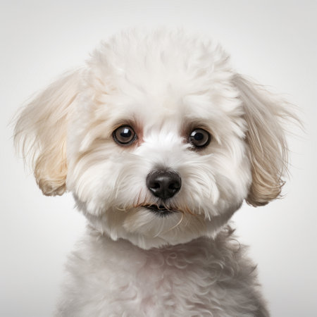 a dog with fur on its forehead is captured in a studio portrait, reminiscent of david burdeny's style. the high-key lighting enhances the cute and cartoonish designs on the dog's face. the image is taken using the zeiss milvus 25mm f/1.4 ze lens, showcasing the attention to detail by photographer stephen shortridge through focus stacking techniques. ai generatedの素材