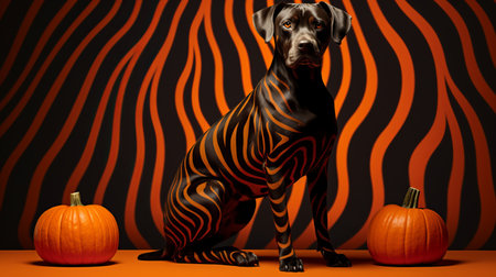 a black and orange zebra print background featuring small pumpkins. this unique artwork showcases a reduction of canine anatomy, sculpted with bold lines and vibrant colors. created using zbrush and incorporating projection mapping, the piece is set against a smokey background. perfect for fans of caninecore aesthetics. ai generatedの素材