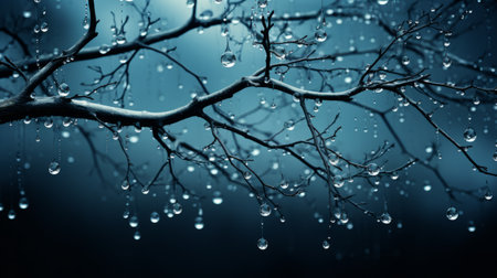 raindrops glisten on a tree branch, creating a captivating image with a dark sky-blue and light aquamarine color palette. this photograph captures the essence of delicate fantasy worlds and showcases high contrast shots. the water drops add a touch of realism, while the american tonalist style enhances the dark and spooky themes. the level of detail in this image is truly mesmerizing. ai generatedの素材