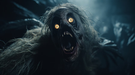 creature with eye and open mouth in a scary scene, featuring natural color grading with gritty, desaturated tones. the wide perspective shot, enhanced by studio lighting, creates a sense of mystery and the unknown. this cinematic visual style, reminiscent of a gritty horror film, is directed by christopher nolan. ai generatedの素材
